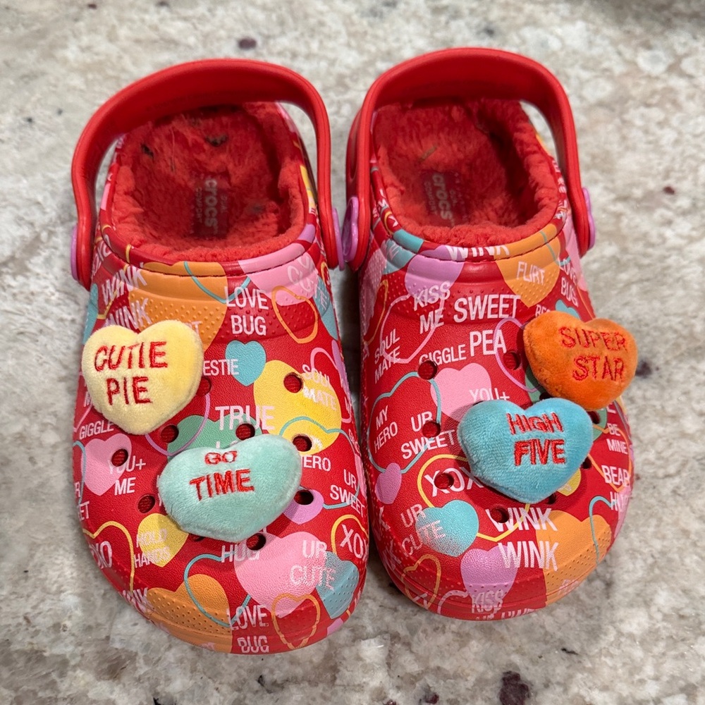 CROCS Red Kids Slippers with Heart Accents sweethearts Valentine’s Day